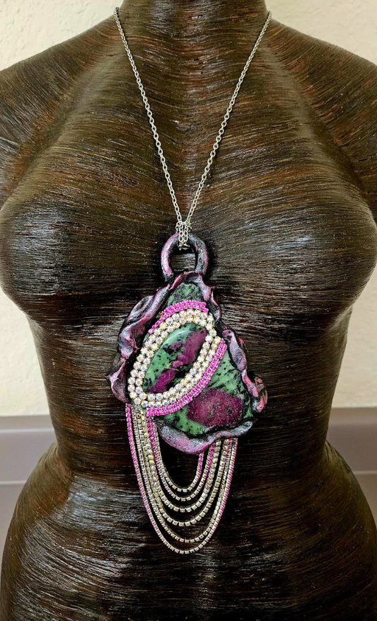 Ruby Zoisite Slab & Rhinestone Pendant - Edgy Gemstone Chain Amulet