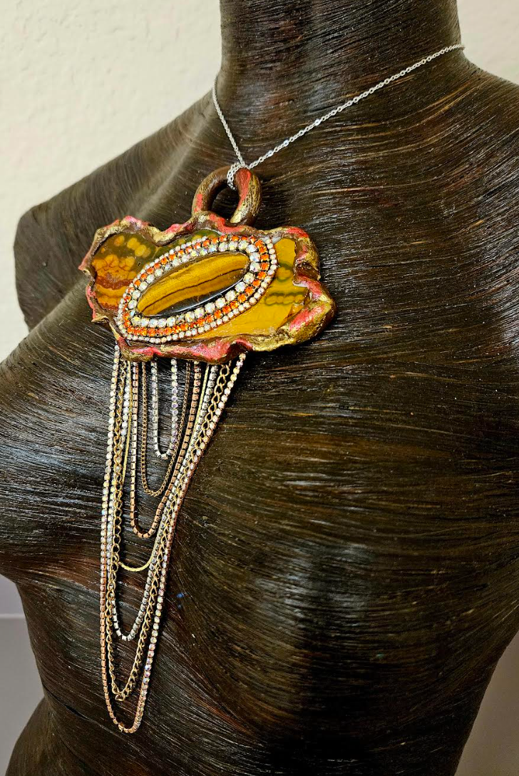 Ocean Jasper Slab & Tigers Eye Sculpted Artisan Statement Pendant