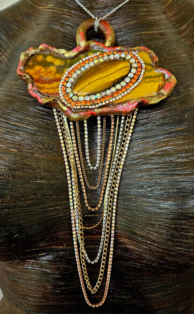 Ocean Jasper Slab & Tigers Eye Sculpted Artisan Statement Pendant