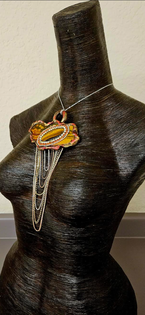 Ocean Jasper Slab & Tigers Eye Sculpted Artisan Statement Pendant