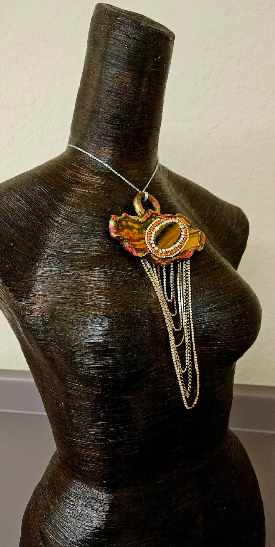 Ocean Jasper Slab & Tigers Eye Sculpted Artisan Statement Pendant