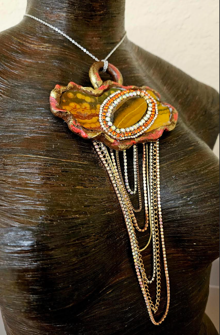 Ocean Jasper Slab & Tigers Eye Sculpted Artisan Statement Pendant