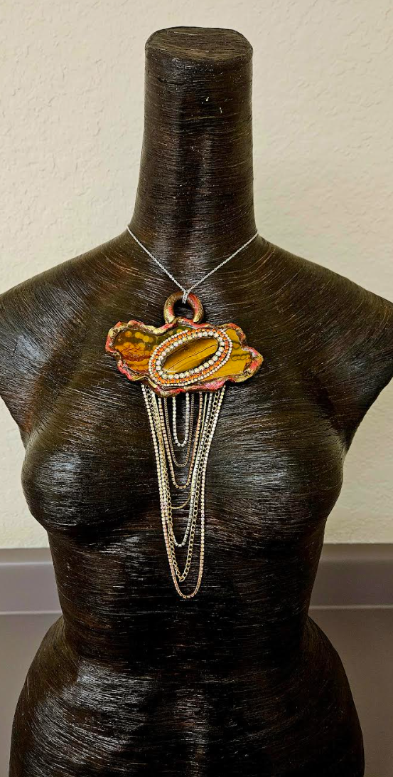 Ocean Jasper Slab & Tigers Eye Sculpted Artisan Statement Pendant