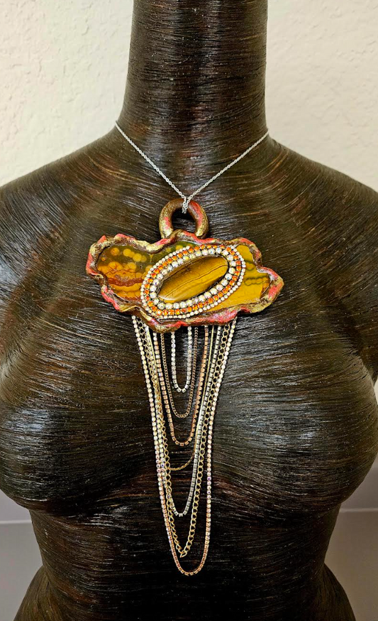 Ocean Jasper Slab & Tigers Eye Sculpted Artisan Statement Pendant