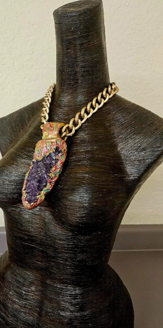 Rough Amethyst Sculpted Pendant with Bold Gold Tone Chain - High End