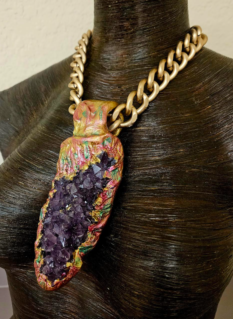Rough Amethyst Sculpted Pendant with Bold Gold Tone Chain - High End