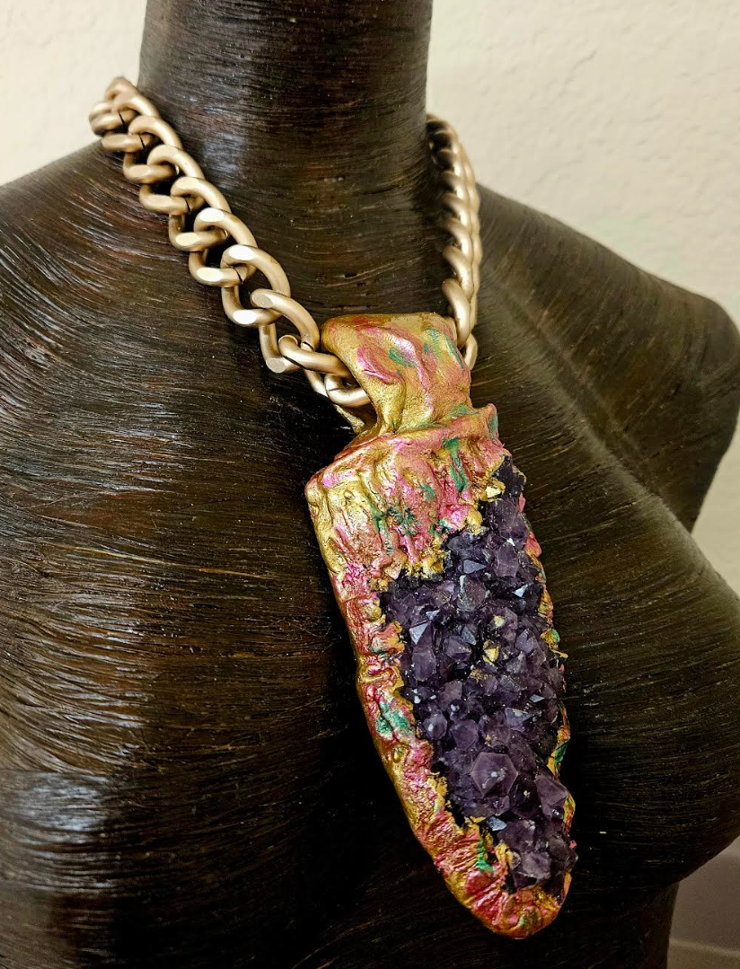 Rough Amethyst Sculpted Pendant with Bold Gold Tone Chain - High End