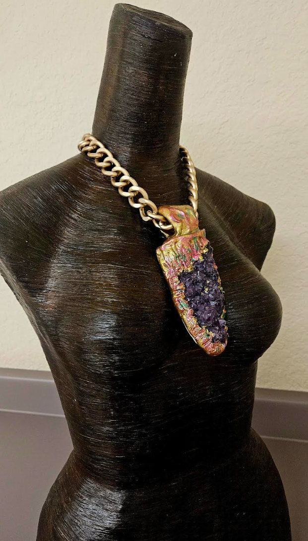 Rough Amethyst Sculpted Pendant with Bold Gold Tone Chain - High End