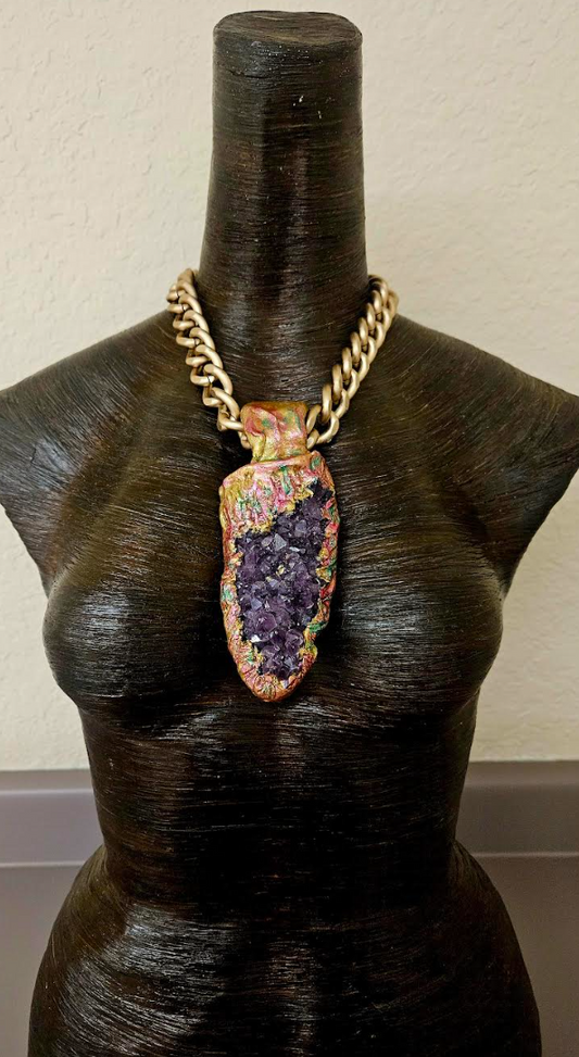 Rough Amethyst Sculpted Pendant with Bold Gold Tone Chain - High End