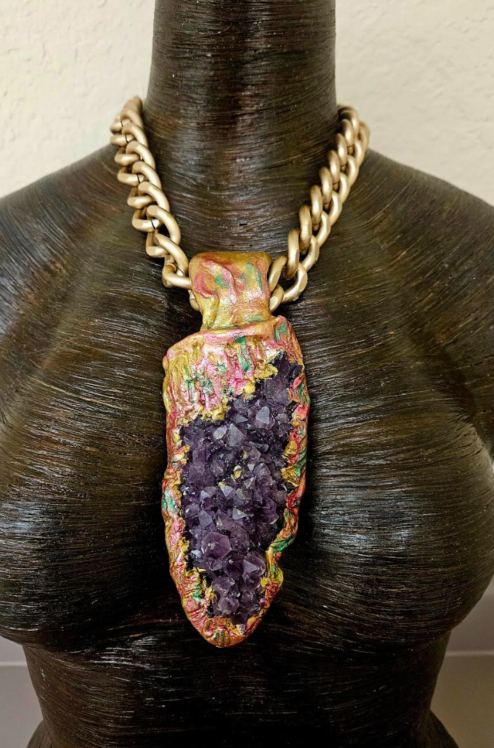 Rough Amethyst Sculpted Pendant with Bold Gold Tone Chain - High End