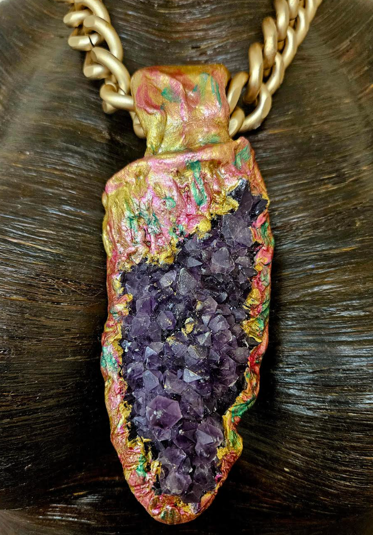 Rough Amethyst Sculpted Pendant with Bold Gold Tone Chain - High End