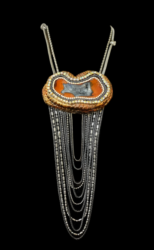 Rustic Druzy Agate Pendant - Waterfall Chain Chest Piece