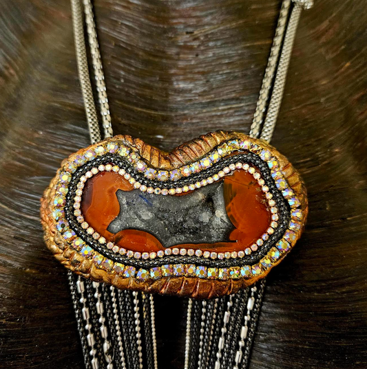 Rustic Orange Druzy Agate Sculpted Gemstone Pendant & Waterfall Chains