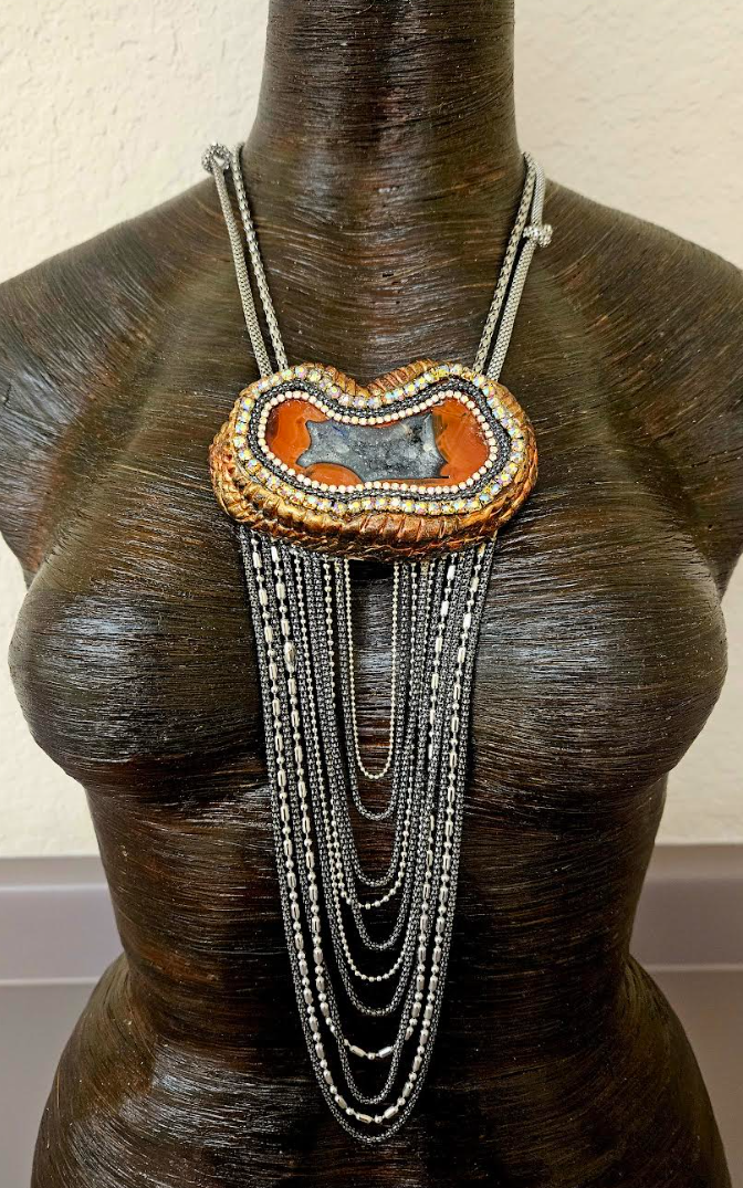 Rustic Orange Druzy Agate Sculpted Gemstone Pendant & Waterfall Chains