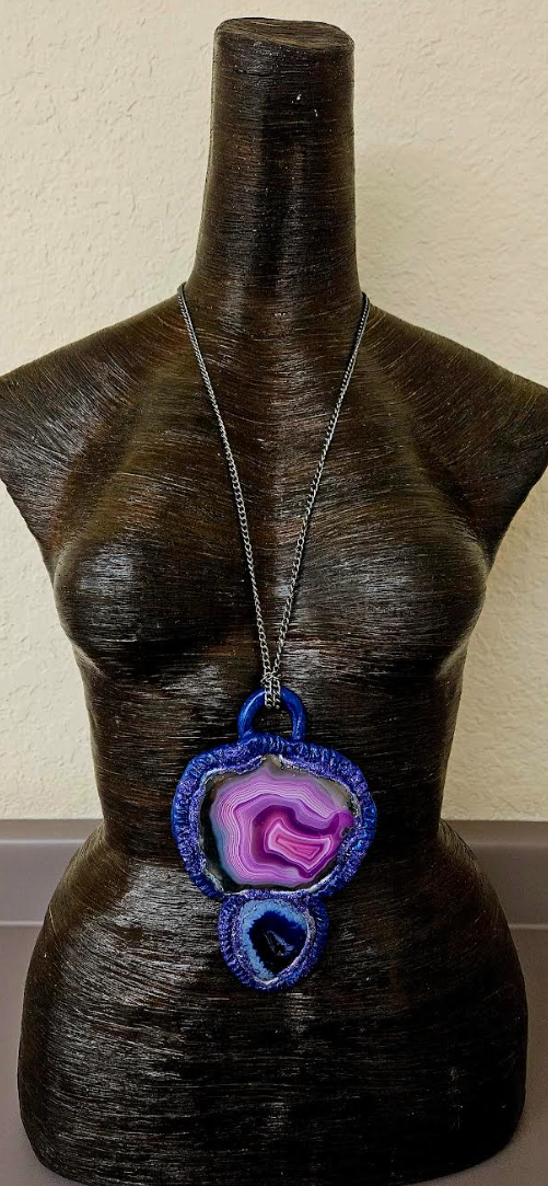 Sculpted Purple Pink & Sapphire Blue Agate Totem Pendant - Unisex