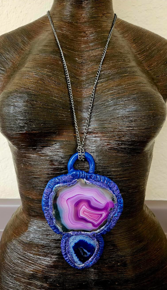 Sculpted Purple Pink & Sapphire Blue Agate Totem Pendant - Unisex