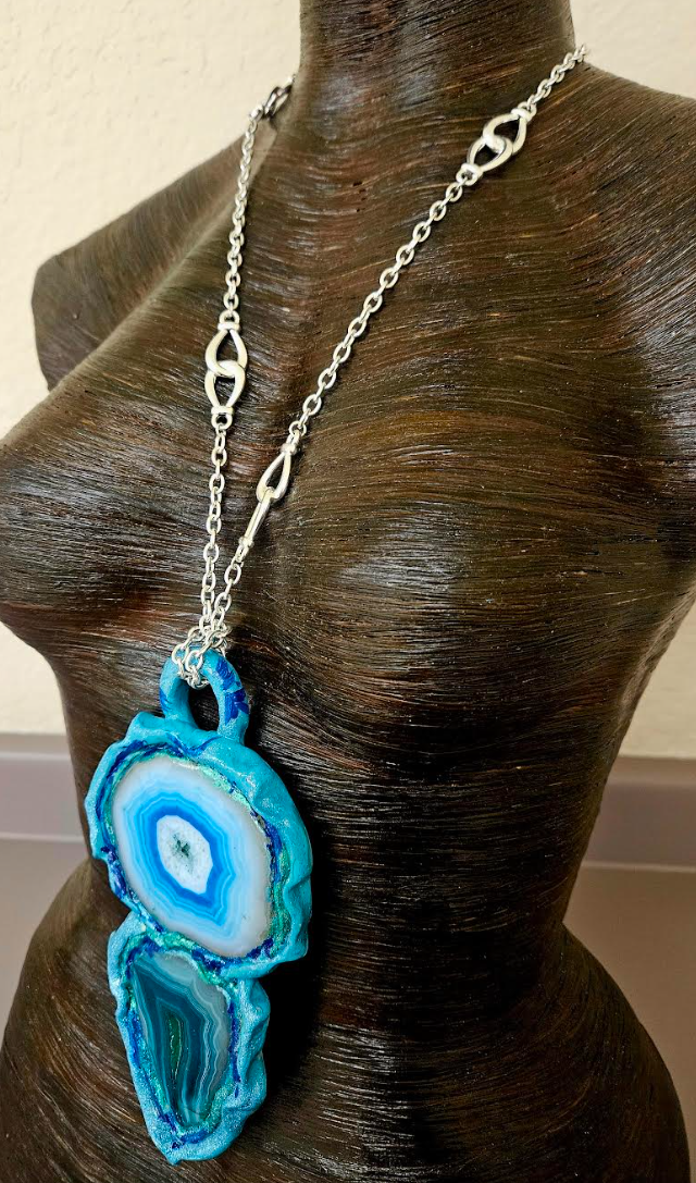 Sculpted Fancy Agate Unisex Totem Gemstone Pendant - White Green Blue