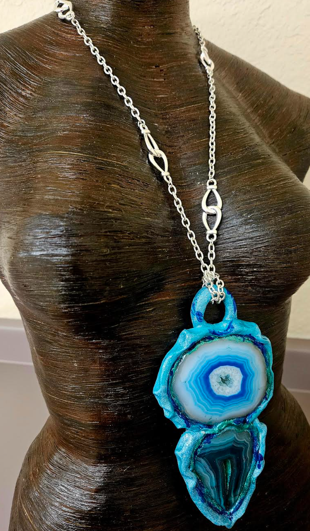 Sculpted Fancy Agate Unisex Totem Gemstone Pendant - White Green Blue