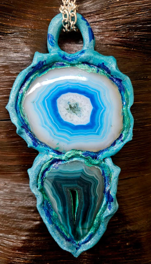 Sculpted Fancy Agate Unisex Totem Gemstone Pendant - White Green Blue