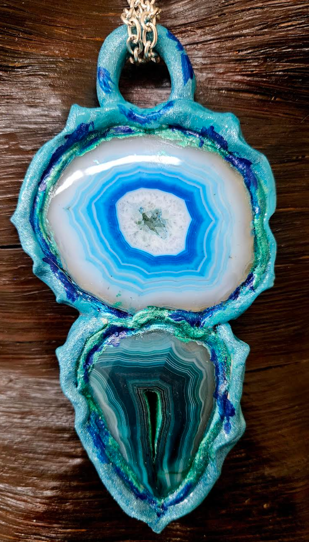 Sculpted Fancy Agate Unisex Totem Gemstone Pendant - White Green Blue