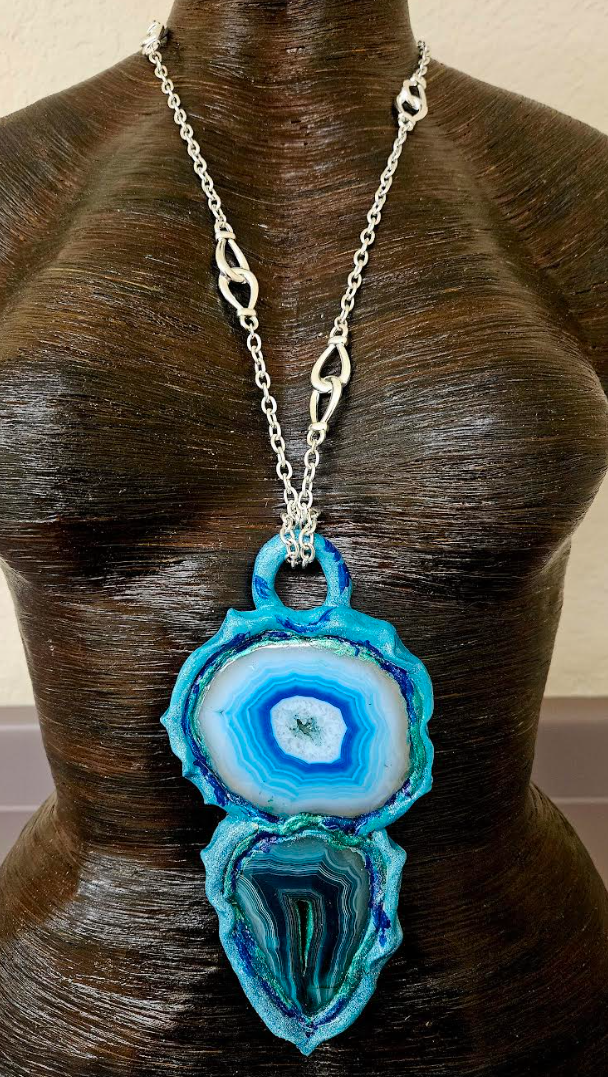Sculpted Fancy Agate Unisex Totem Gemstone Pendant - White Green Blue