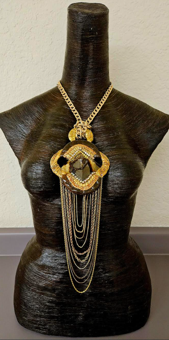 Septarian Pyramid Art Deco Revival Sculpted Pendant & Waterfall Chain