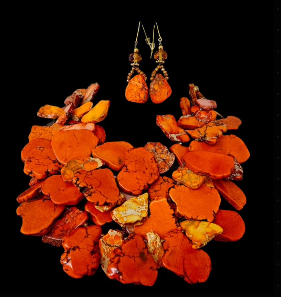 Orange Sea Sediment Jasper Huge Statement Necklace with Pierced Earrings