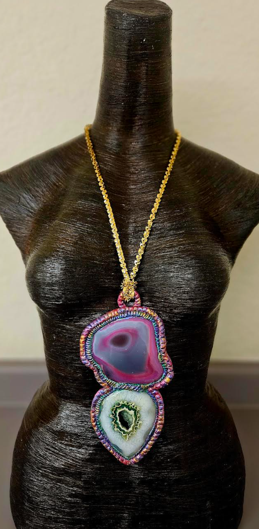 Luxury Pink & Green Agate Sculpted Pendant - Bold Couture