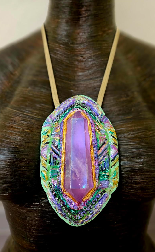 Purple Aura Quartz Art Deco Sculpted Pendant - Artists & Designers