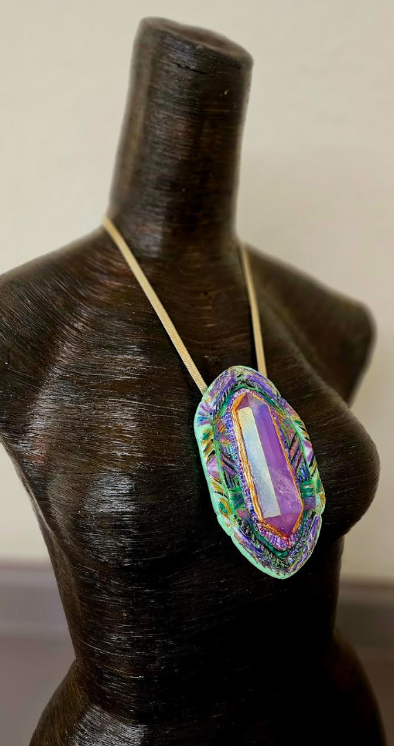 Purple Aura Quartz Art Deco Sculpted Pendant - Artists & Designers