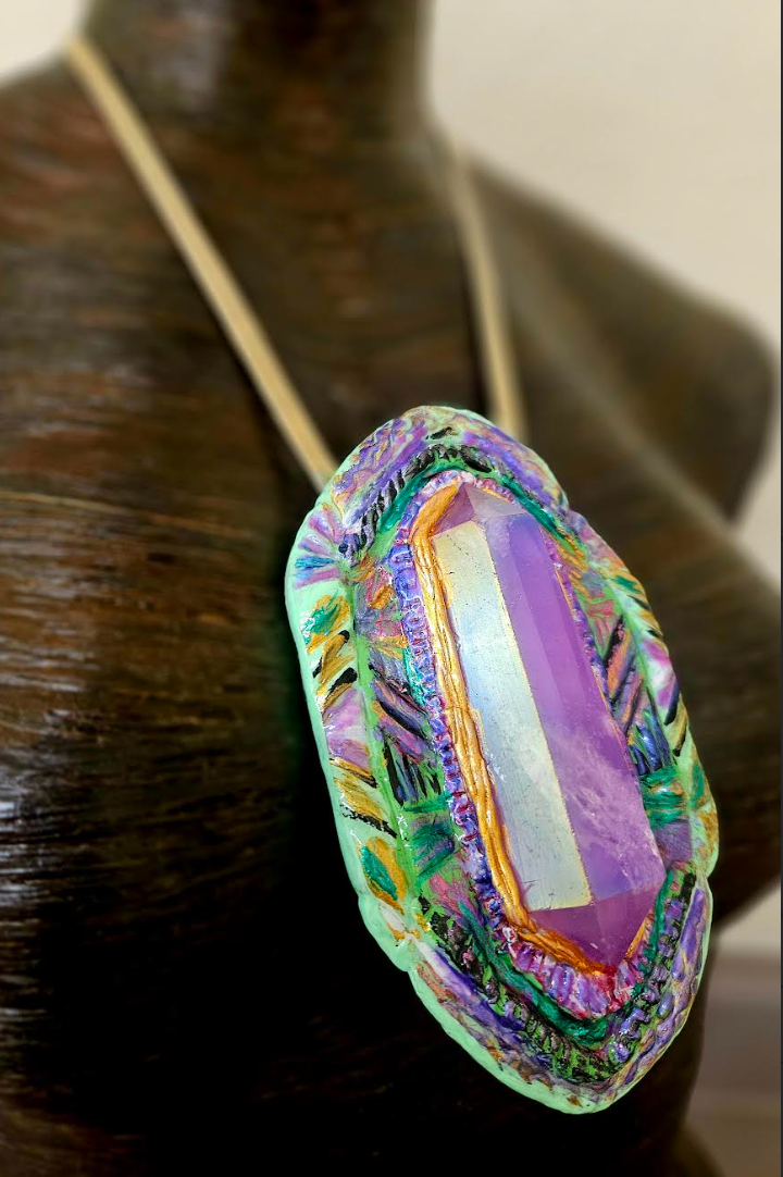 Purple Aura Quartz Art Deco Sculpted Pendant - Artists & Designers