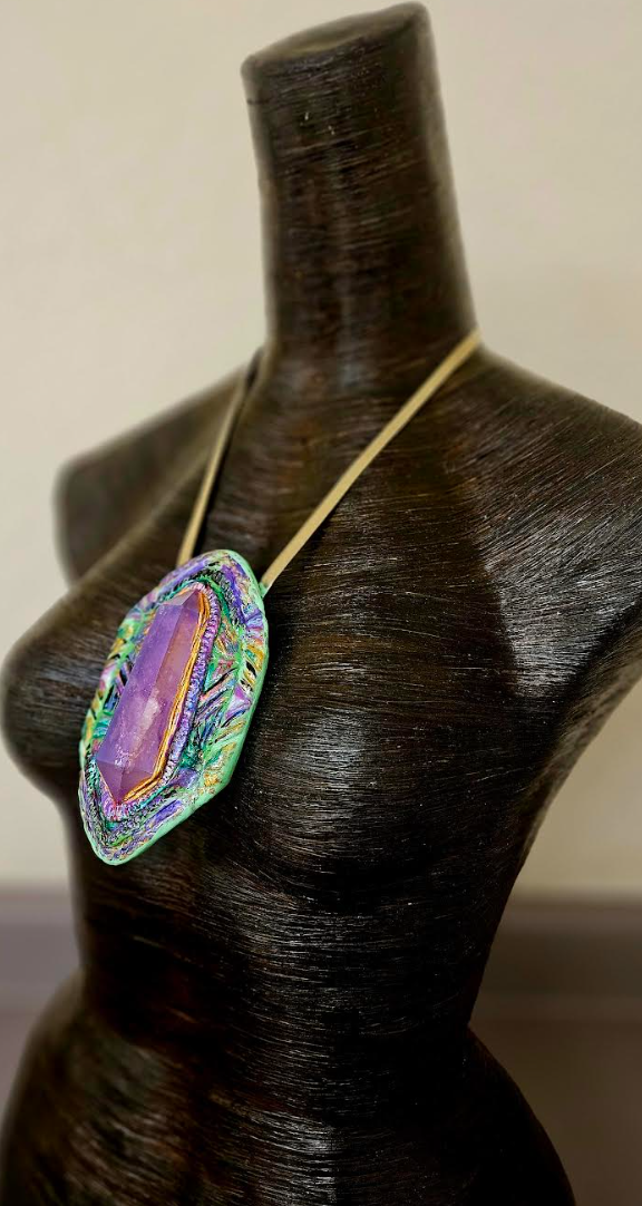 Purple Aura Quartz Art Deco Sculpted Pendant - Artists & Designers