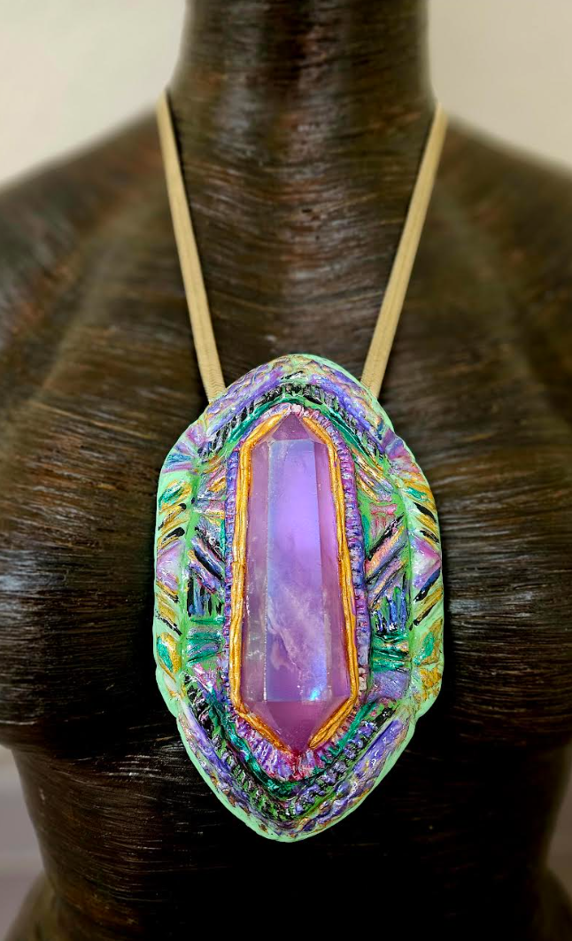 Purple Aura Quartz Art Deco Sculpted Pendant - Artists & Designers