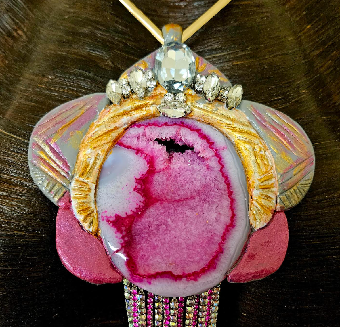 Pink Agate & Rhinestone Gemstone Pendant With Gold Torc - Flappers