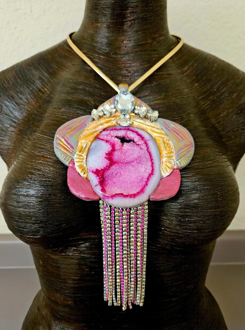 Pink Agate & Rhinestone Gemstone Pendant With Gold Torc - Flappers