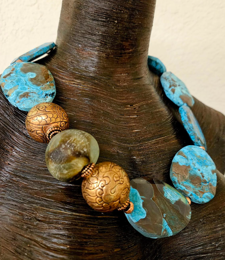 Brown & Blue Ocean Jasper Beaded Luxury Necklace - OOAK Business Couture