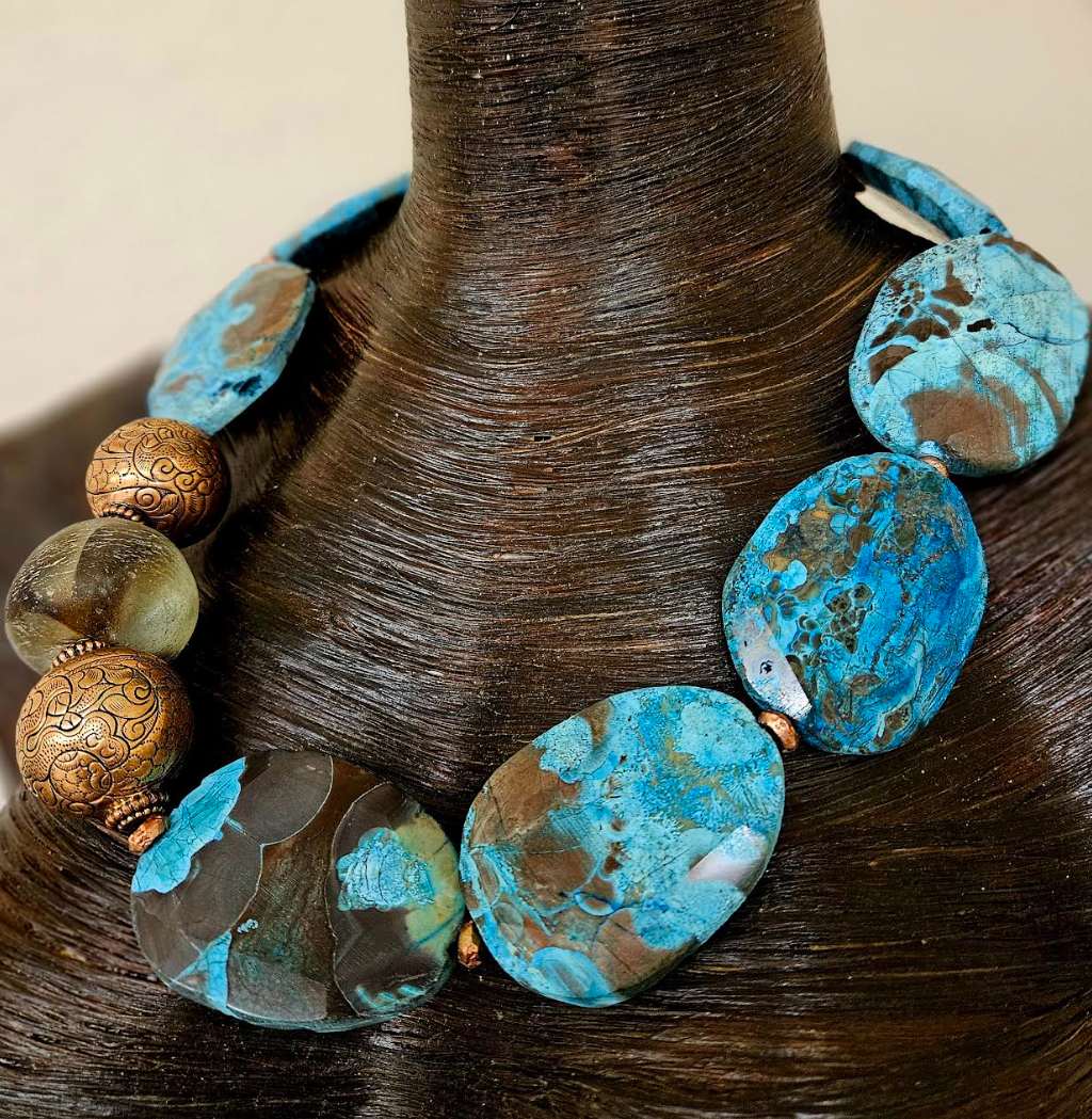Brown & Blue Ocean Jasper Beaded Luxury Necklace - OOAK Business Couture