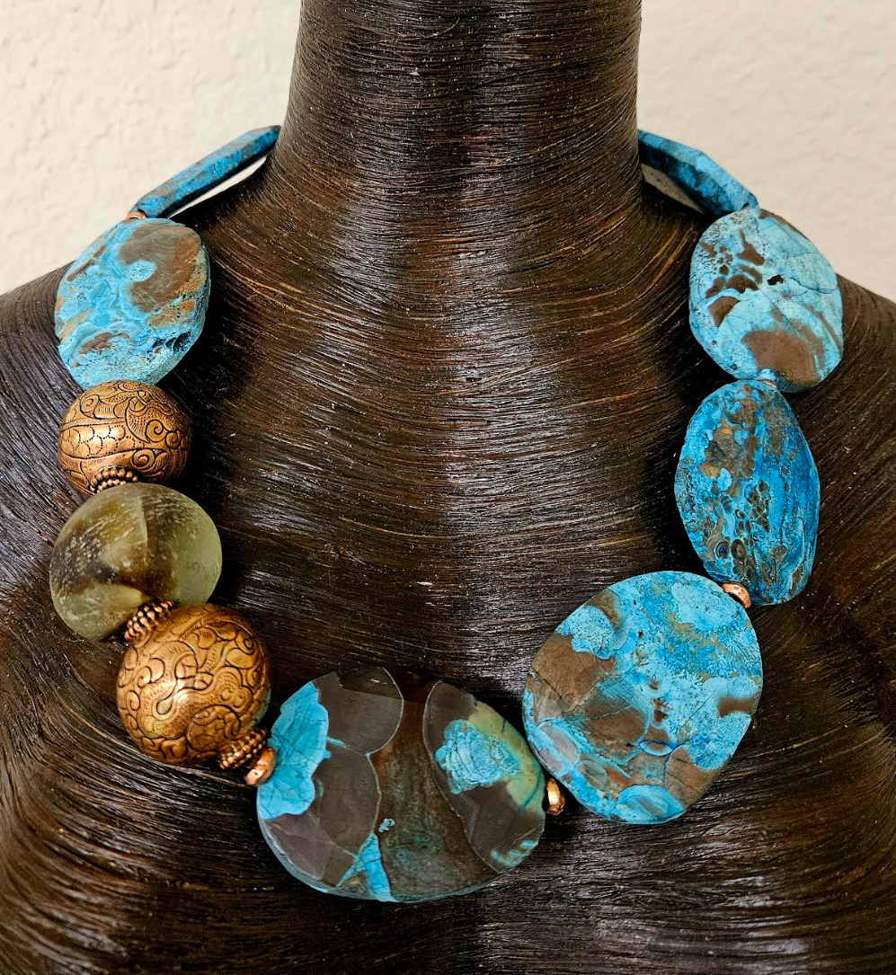 Brown & Blue Ocean Jasper Beaded Luxury Necklace - OOAK Business Couture