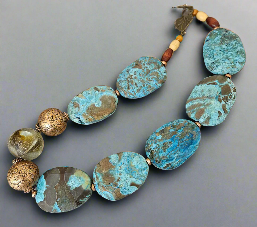 Brown & Blue Ocean Jasper Beaded Luxury Necklace - OOAK Business Couture