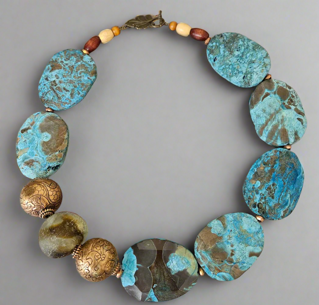 Brown & Blue Ocean Jasper Beaded Luxury Necklace - OOAK Business Couture
