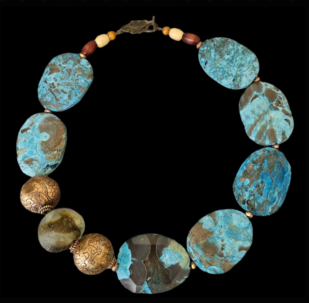 Ocean Jasper & Tibetan Brass Copper Repousse Beaded Pierced Earrings