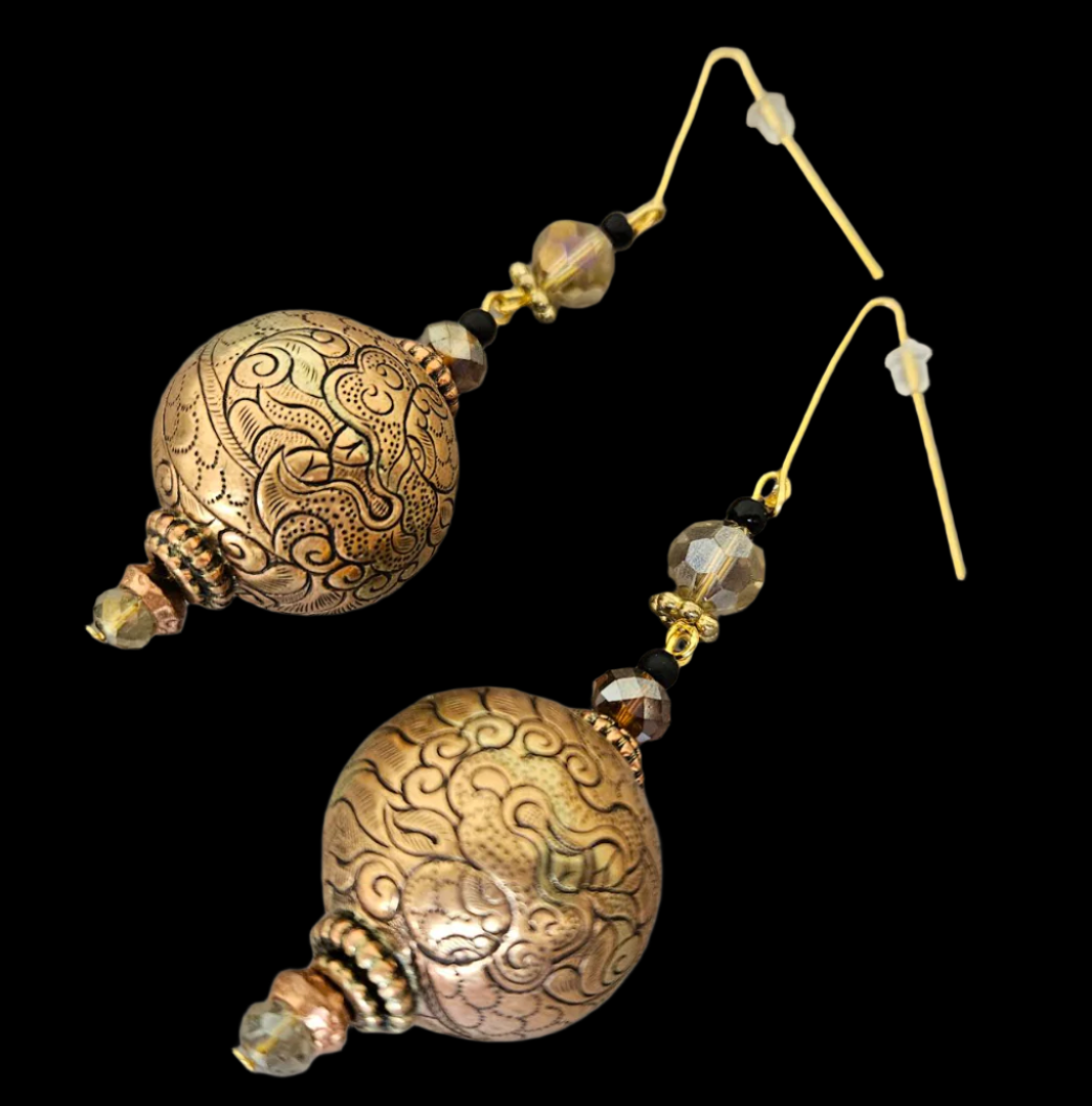 Tibetan Brass & Copper Tribal Dangle Pierced Earrings - Oversized Luxe