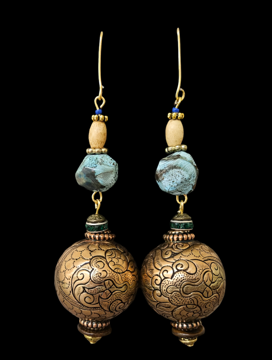 Ocean Jasper & Tibetan Brass Copper Repousse Beaded Pierced Earrings
