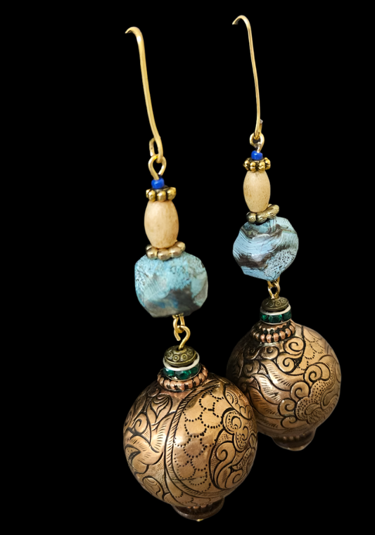 Ocean Jasper & Tibetan Brass Copper Repousse Beaded Pierced Earrings