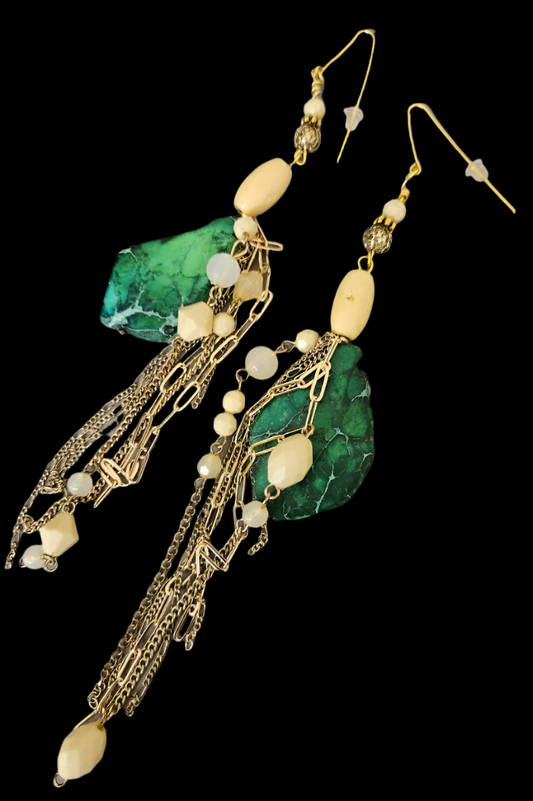 Green Beige & Gold Shoulder Duster Pierced Earrings - Bold Oversized