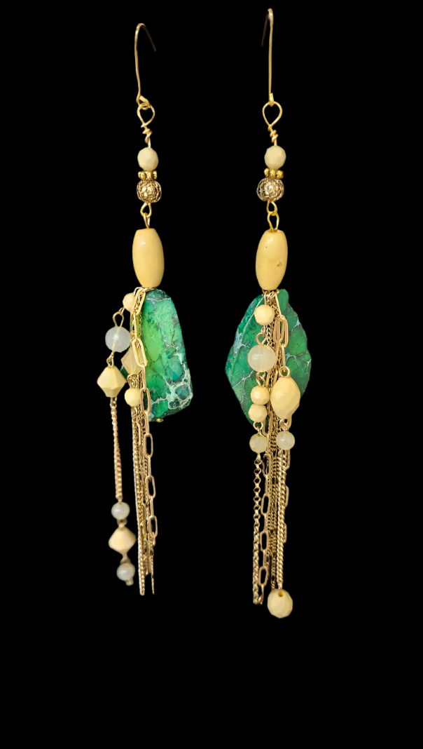 Green Beige & Gold Shoulder Duster Pierced Earrings - Bold Oversized