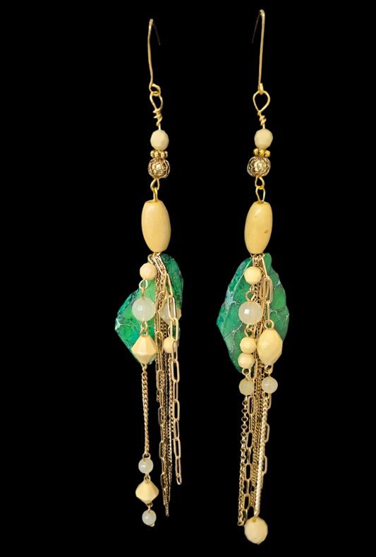 Green Beige & Gold Shoulder Duster Pierced Earrings - Bold Oversized