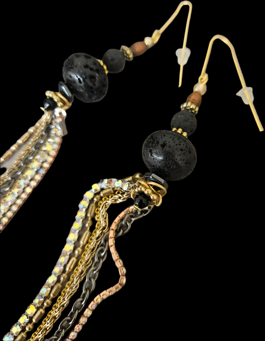 Rough Black Lava & Multi Chain Super Long Pierced Earrings - Rich Posh