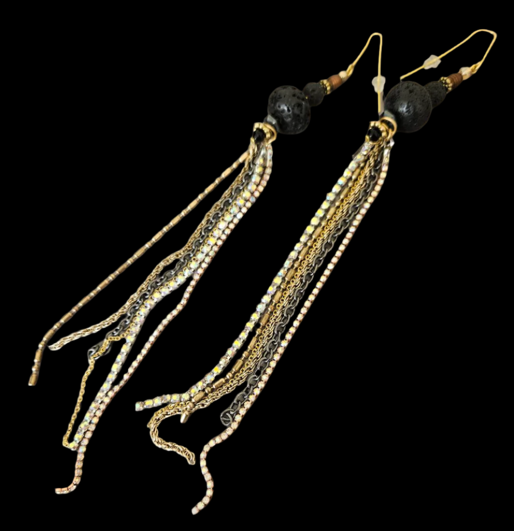 Rough Black Lava & Multi Chain Super Long Pierced Earrings - Rich Posh