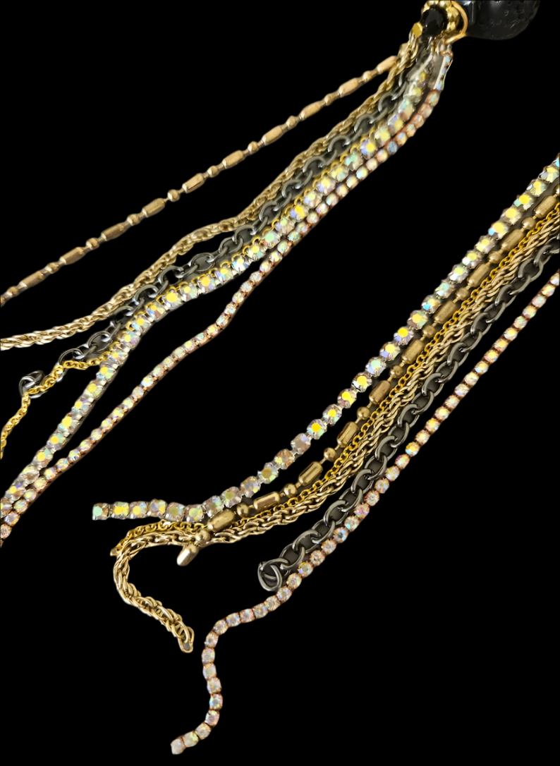 Rough Black Lava & Multi Chain Super Long Pierced Earrings - Rich Posh